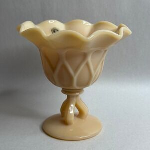 Westmoreland Glass Almond Beige Glass Ruffled Footed Compote Candy Dish Vintage